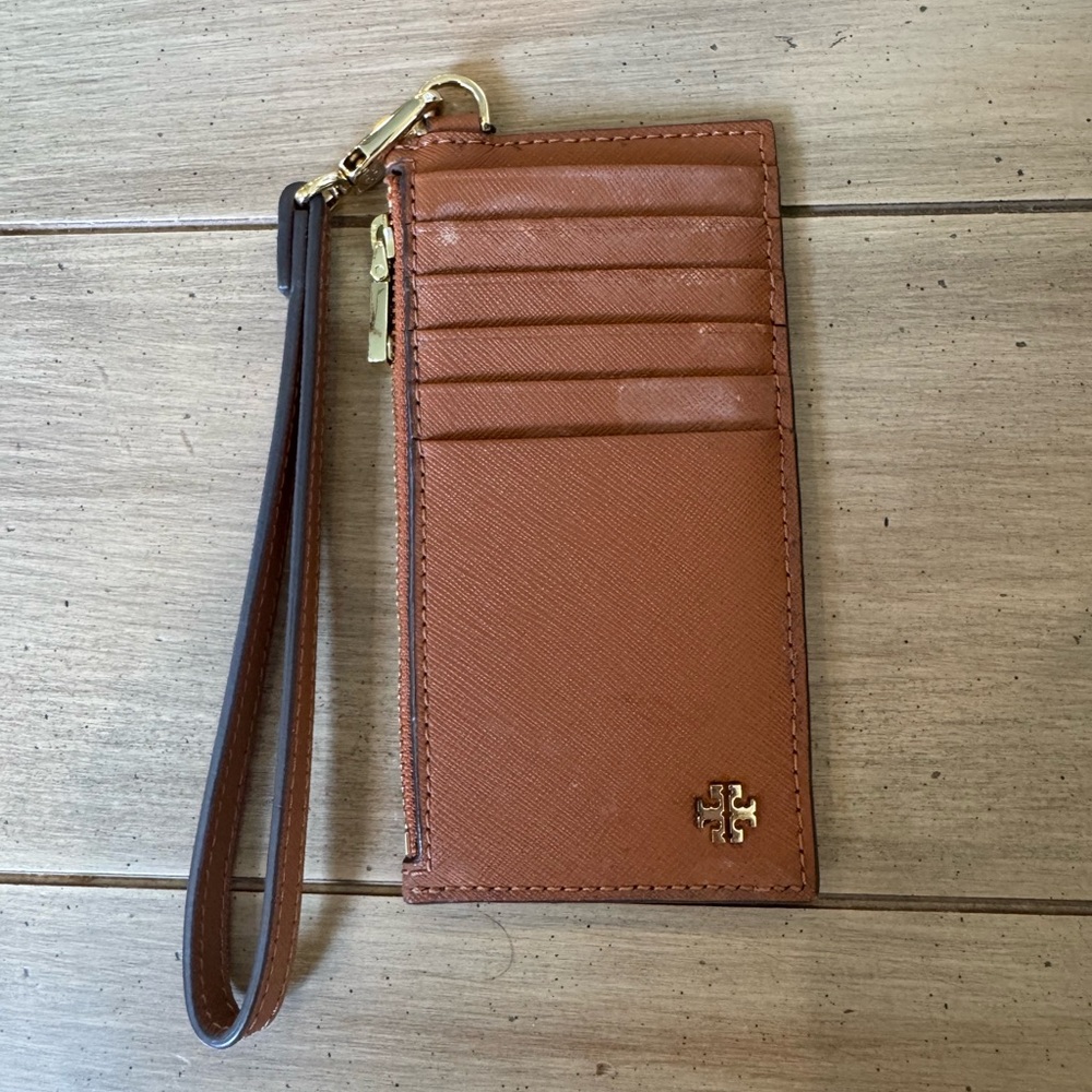 Tory Burch Brown Leather Card Holder with Wrist Strap